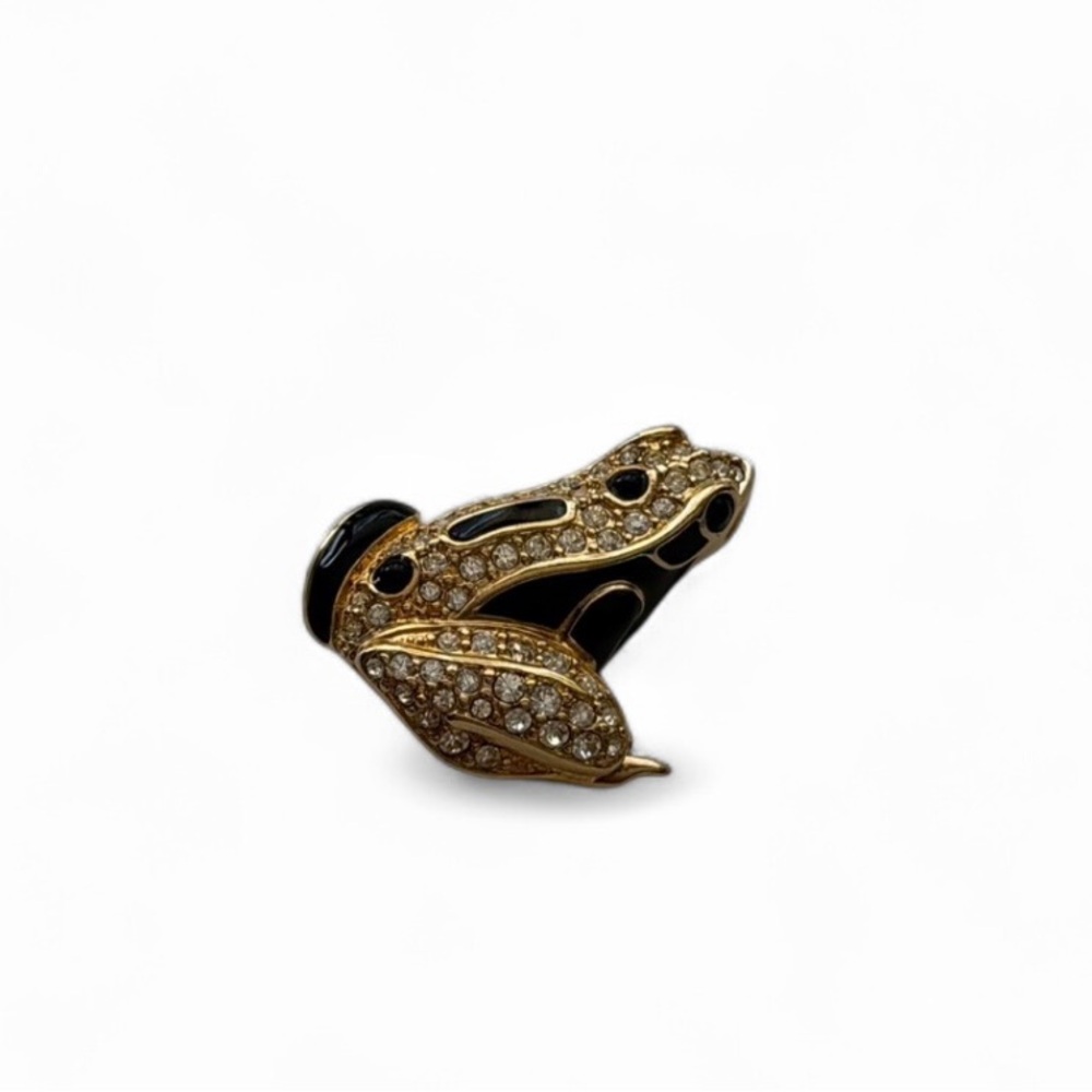 Vintage Swan Signed Frog Pin Black Enamel Crystal Brooch